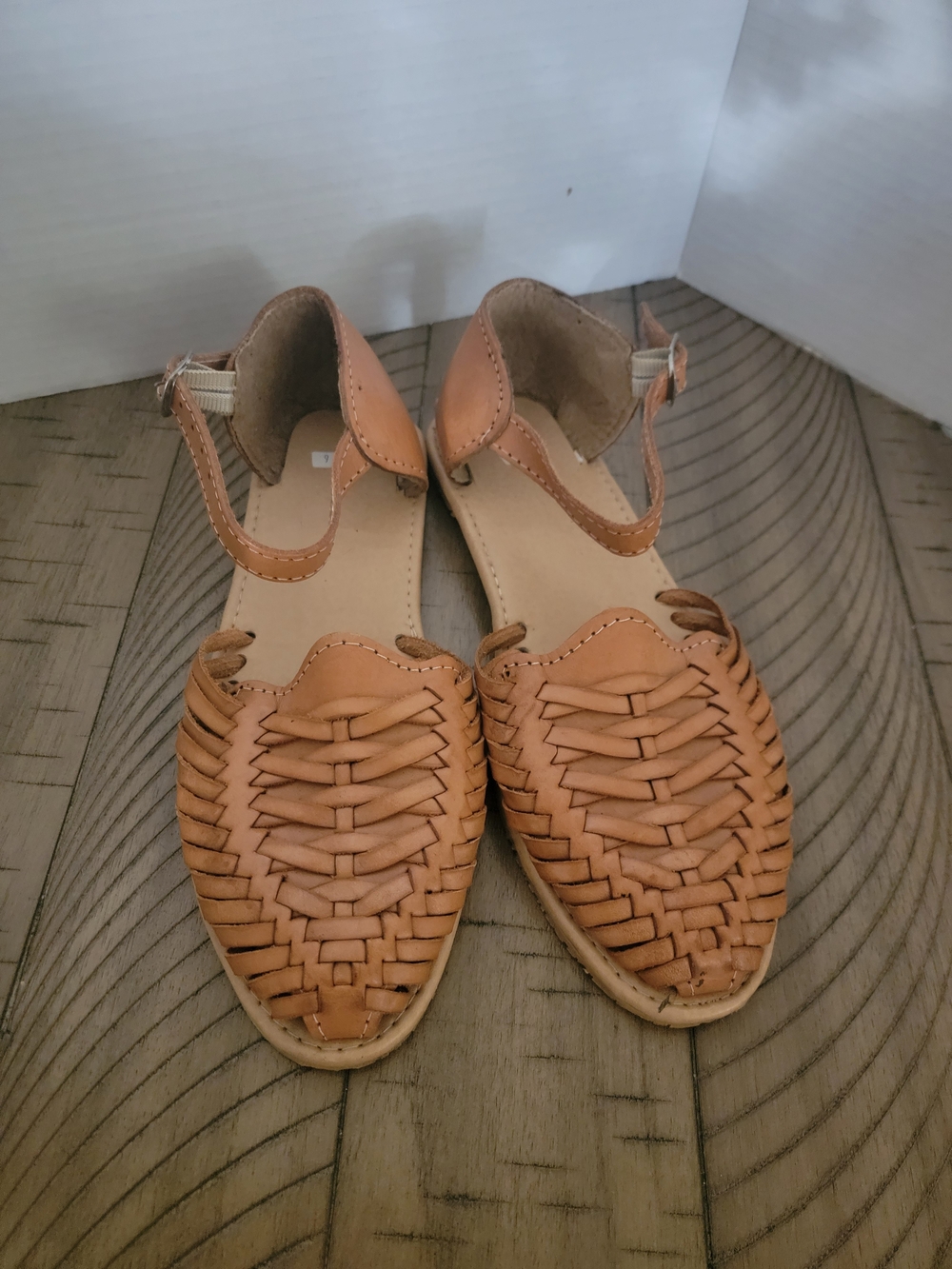 Woven Tan Leather Ankle-Strap Women’s Flats